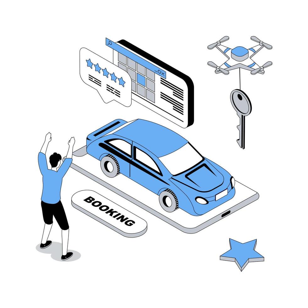 Booking 3d isometric concept with isometry people design for web. Passenger using mobile app for taxi order, choosing best feedback rating and date, getting cab transportation. illustration vector
