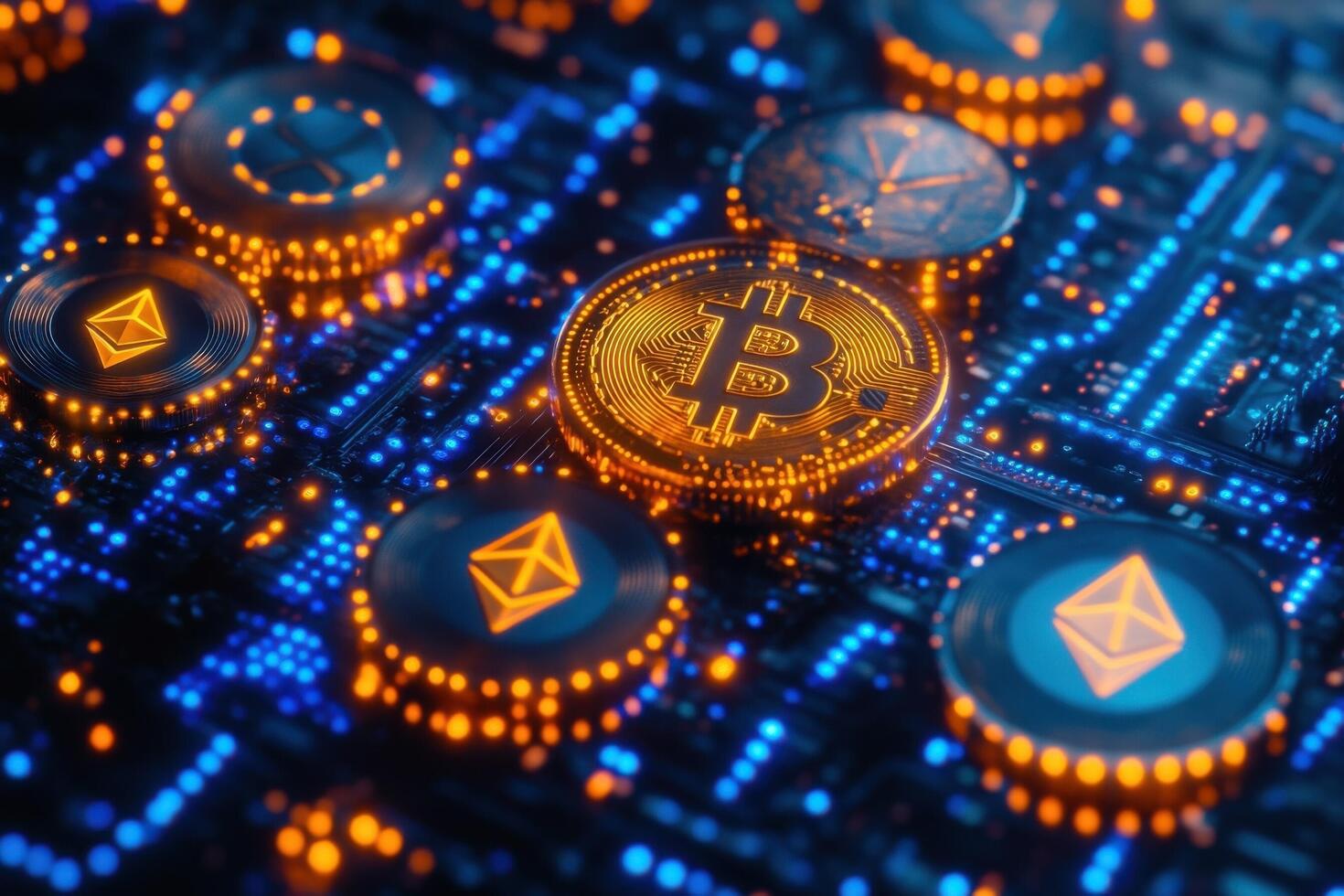 Bitcoin and ether coins on a circuit board photo