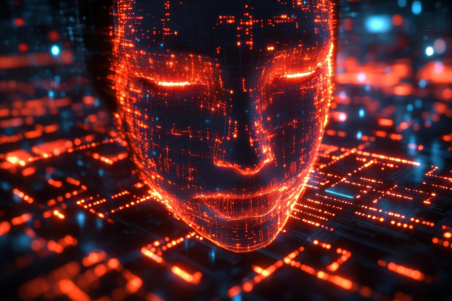 The face of an artificial intelligence is shown on a computer screen photo