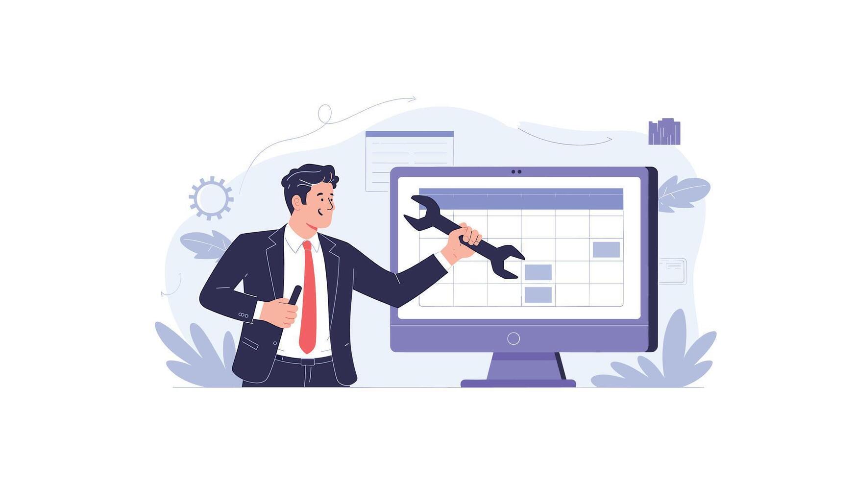 Businessman Fixing Schedule with Wrench on Computer Screen Website Maintenance, IT Support, Problem Solving, and Technical Support Concept Illustration vector