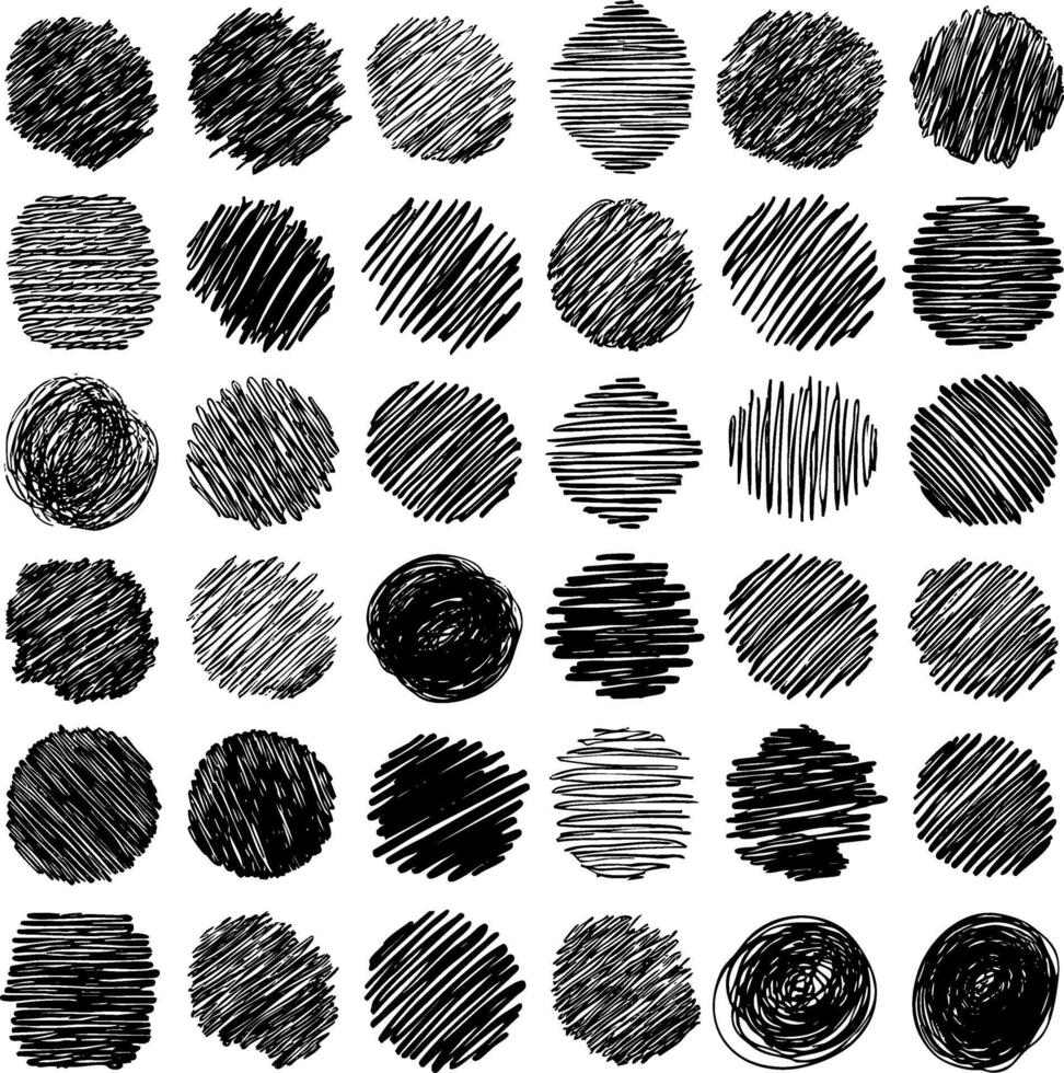 A set of hand-drawn grunge circles and dots. Includes sketchy hatching, scribbles, and round shapes, contributing dynamic texture to creative backgrounds and graphic designs. vector