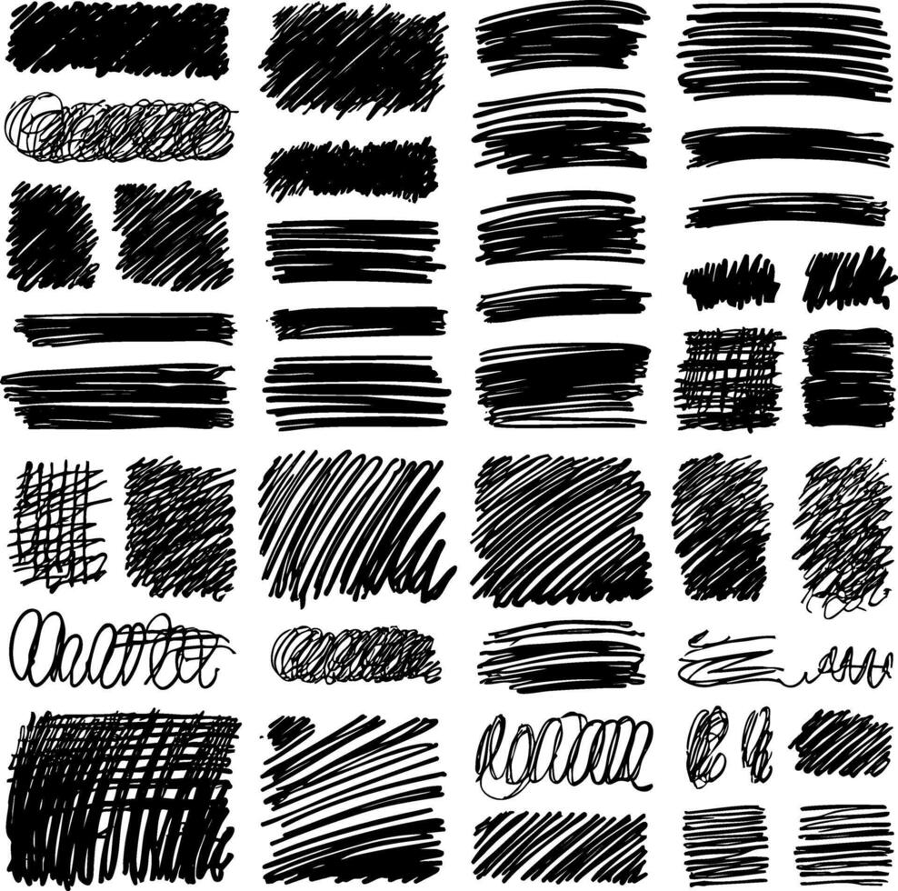 A set of hand-drawn grunge textures in square shapes. Each block features sketchy hatching, scribbles, and expressive lines, adding variety to creative compositions. vector