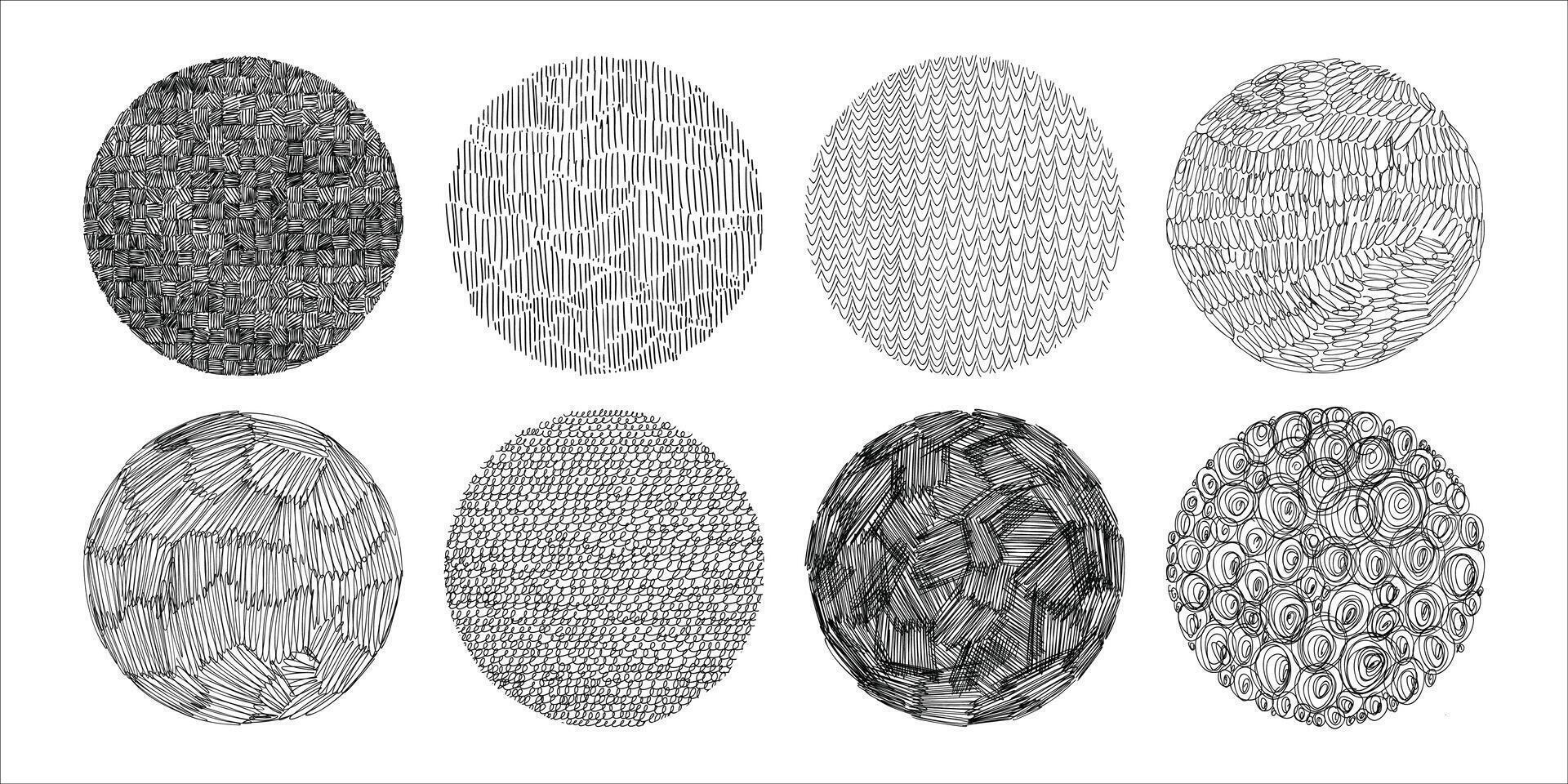 Hand drawn doodle shapes. Textured linear doodles circles set. Abstract round backgrounds or overlays. vector