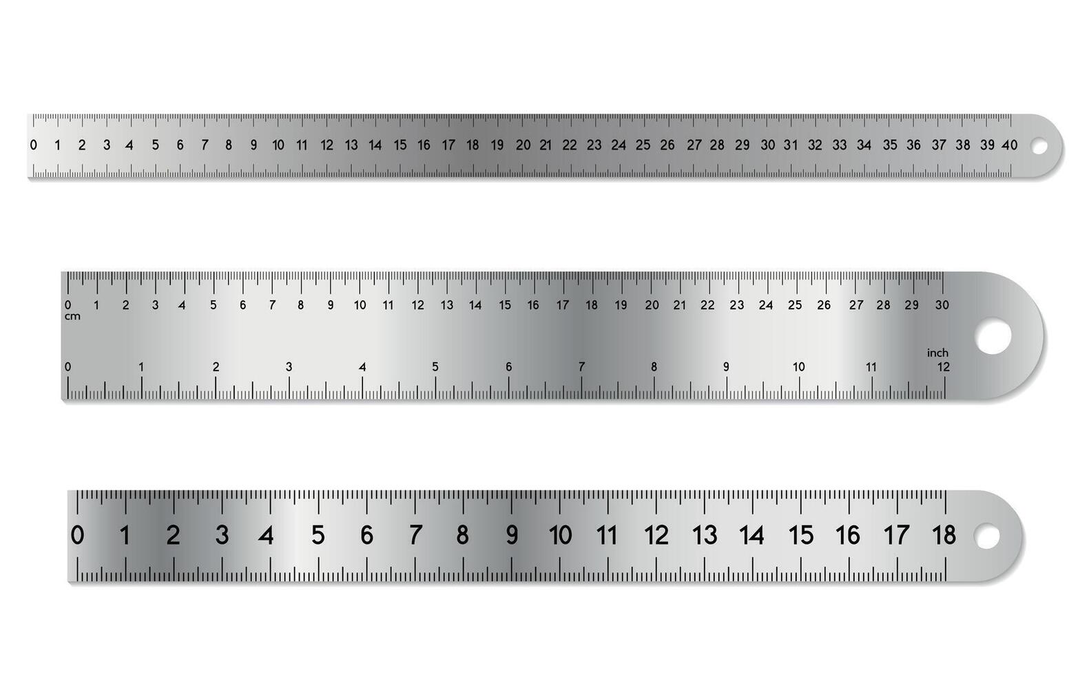 Metal ruler set. Dual measurements rulers with precise metric and inch scales. 12 inches, 40 centimeters, 30 centimeters, 18 centimeters and mixed markup scale measurement tool with shadows. vector