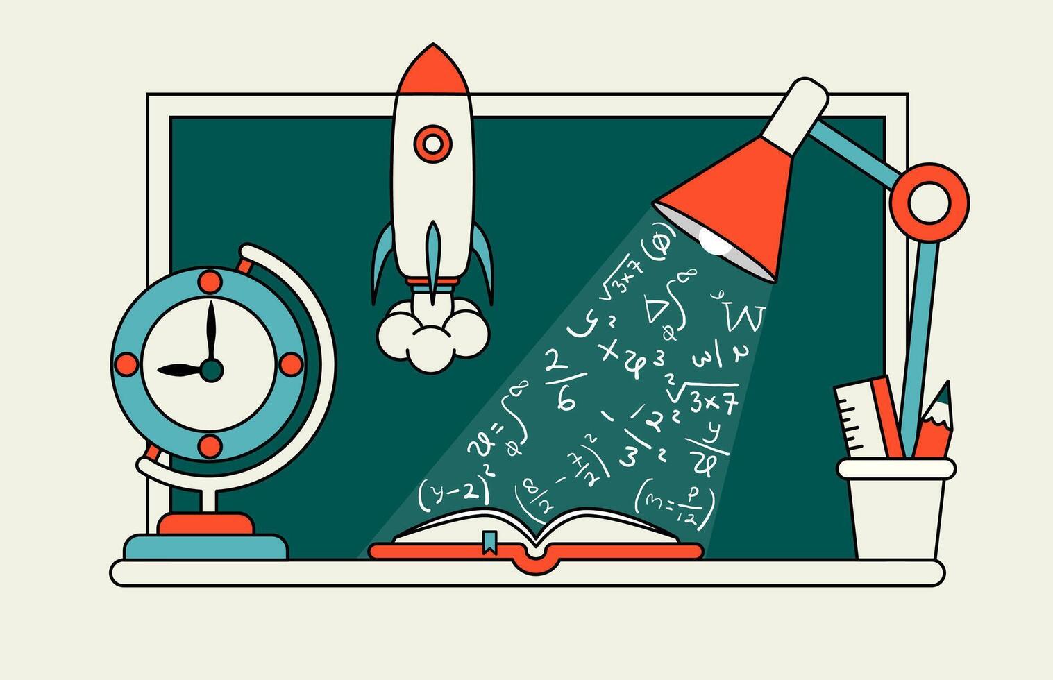 Illustration of a study desk with book, study lamp, globe clock, rocket, and chalkboard. Represents learning, science, and creative education in a school or academic environment. vector