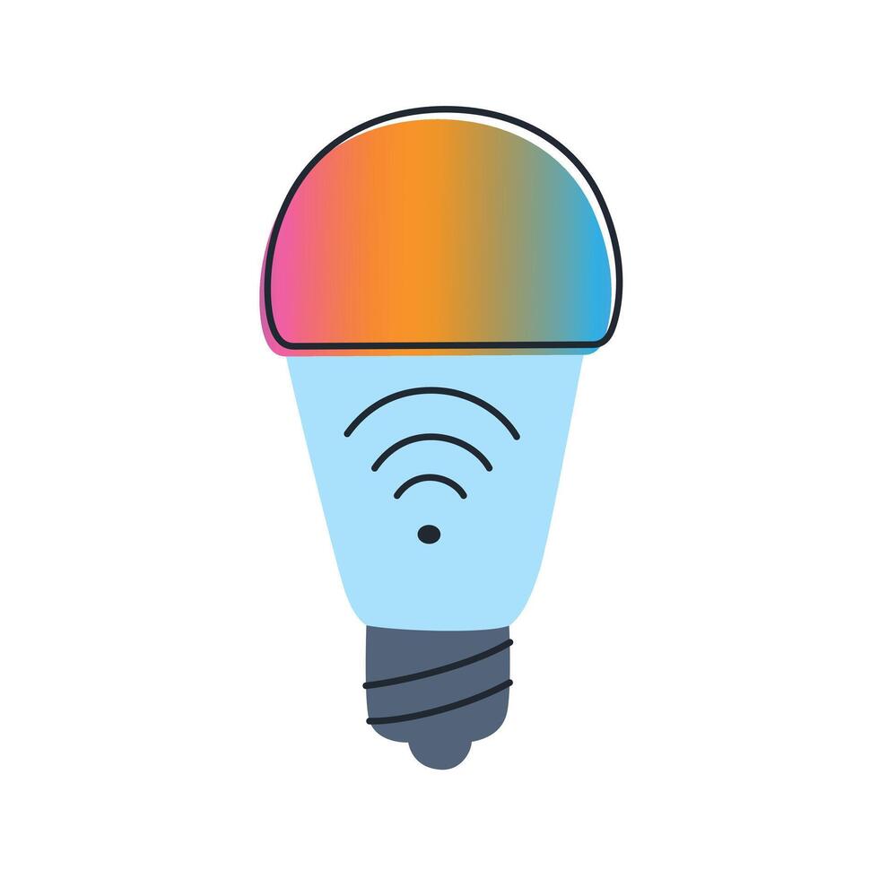 Flat cartoon illustration of smart light bulb with W Fi control, color changing settings and remote access via smartphone. Home automation, energy efficiency, lighting technology vector