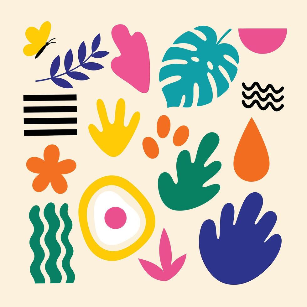 Modern abstract art with butterfly, leaves, and fluid shapes creating a vibrant, colorful design vector