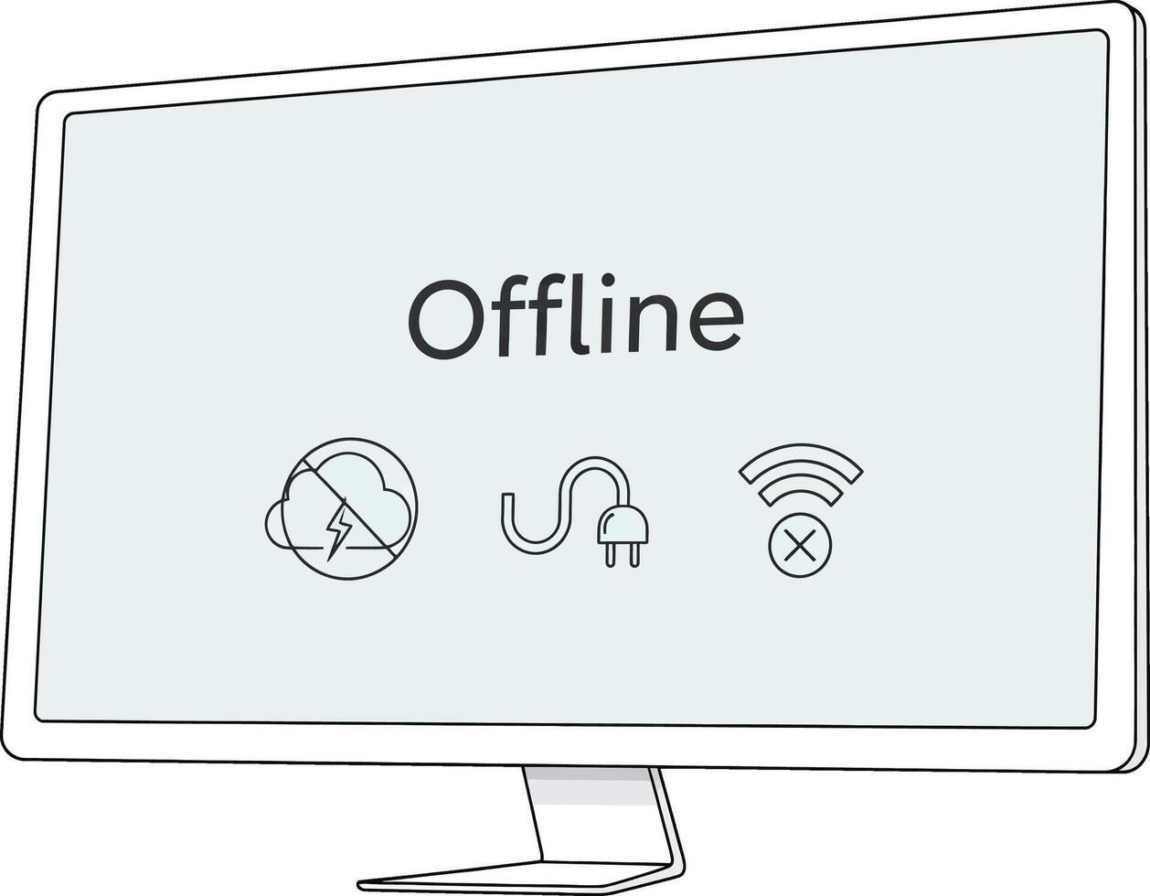 Modern Computer Monitor Illustration Displaying Offline Status with Network and Power Icons vector