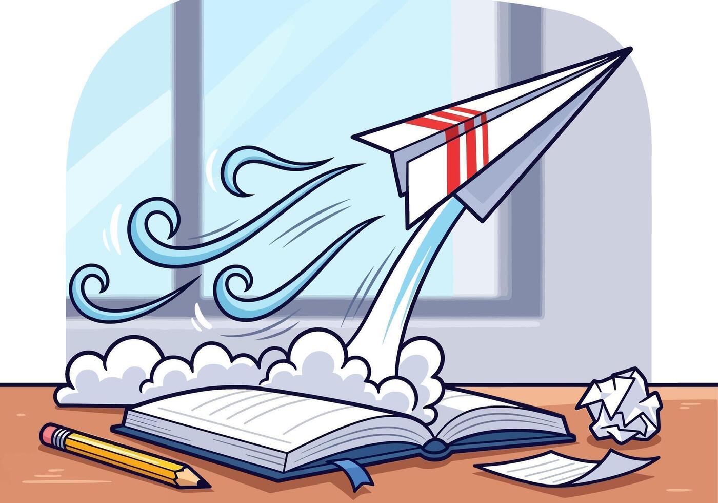 A cartoon paper airplane with red stripes launching like a rocket from an open book on a desk. vector