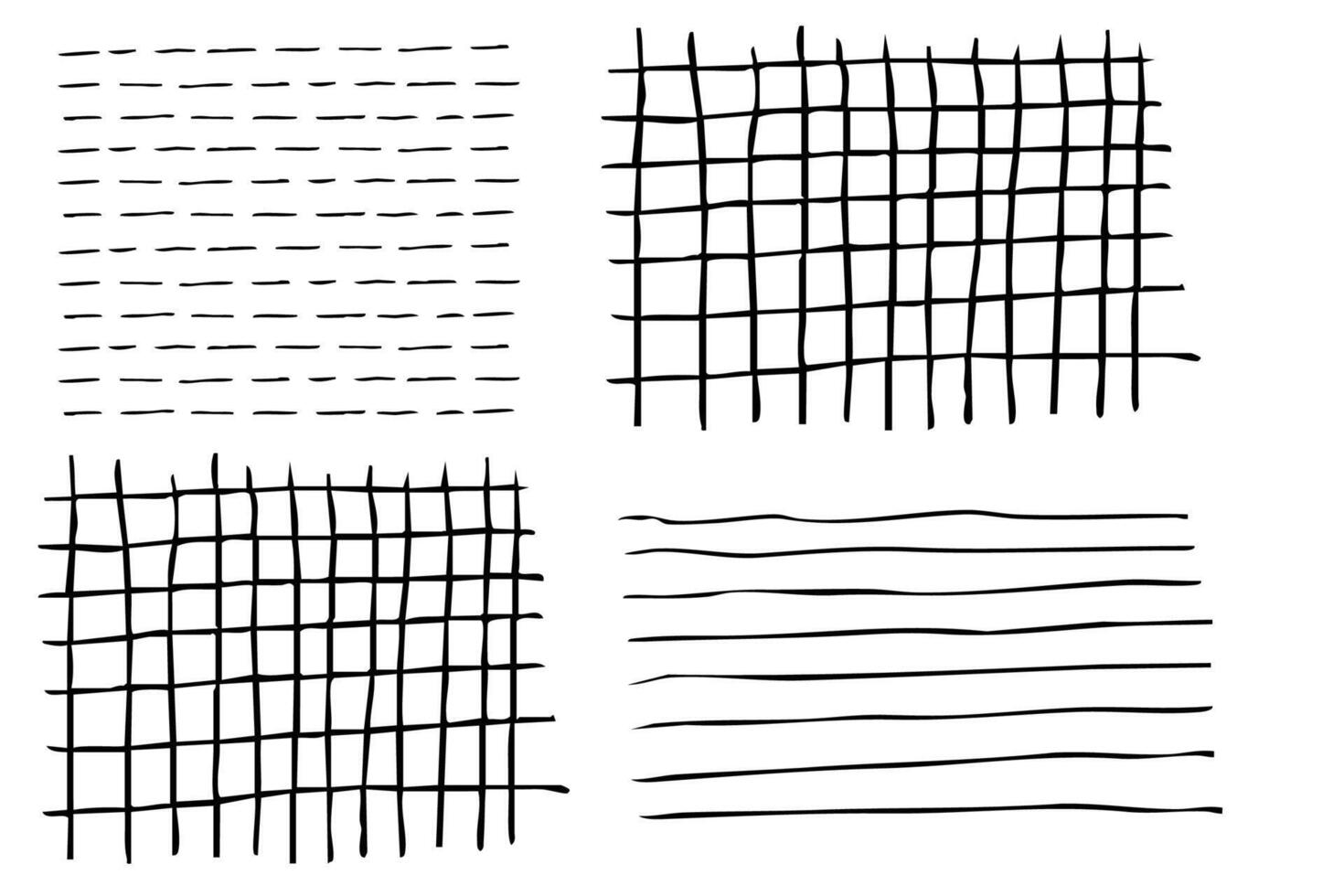 Grid square hand drawn textured lines, notebook grid and striped pattern set. Doodle geometric net, chalk or crayon stroke. vector