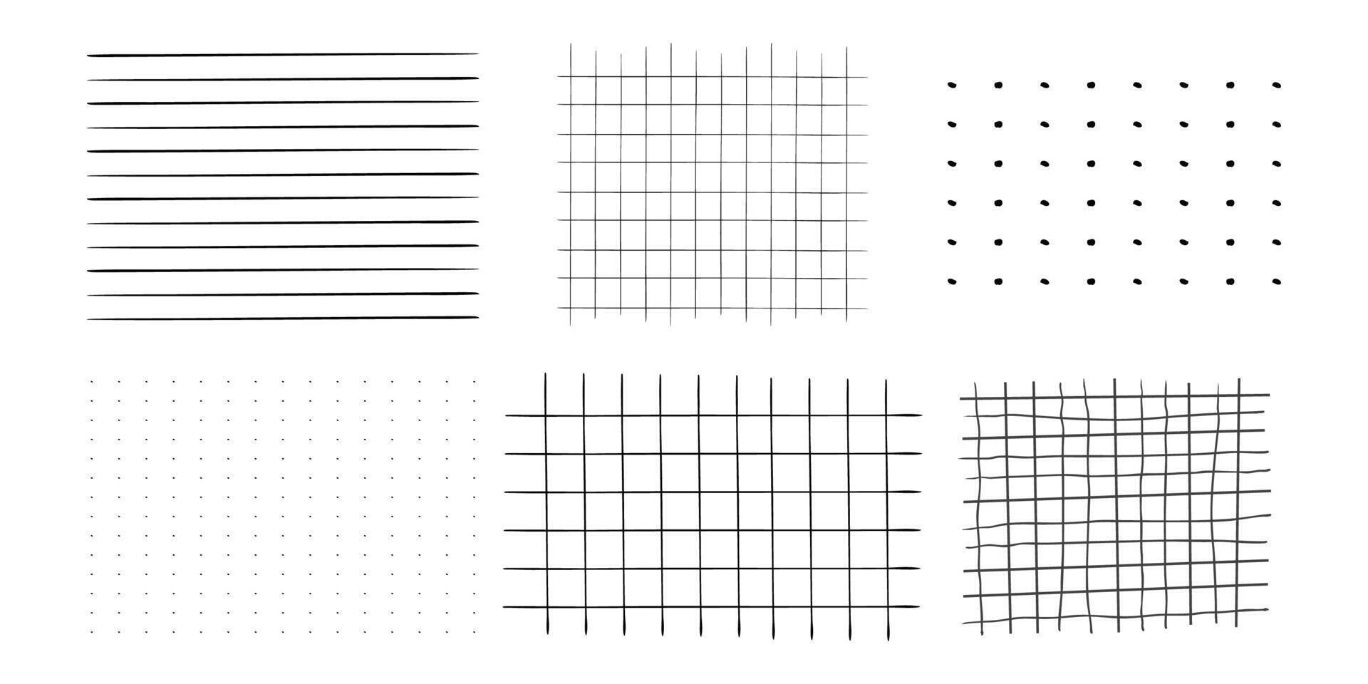 Graph crayon hand drawn textured set square grid for note, geometric line set texture. Collection Crayon or pencil stripes, dots for bullet journal pages. vector