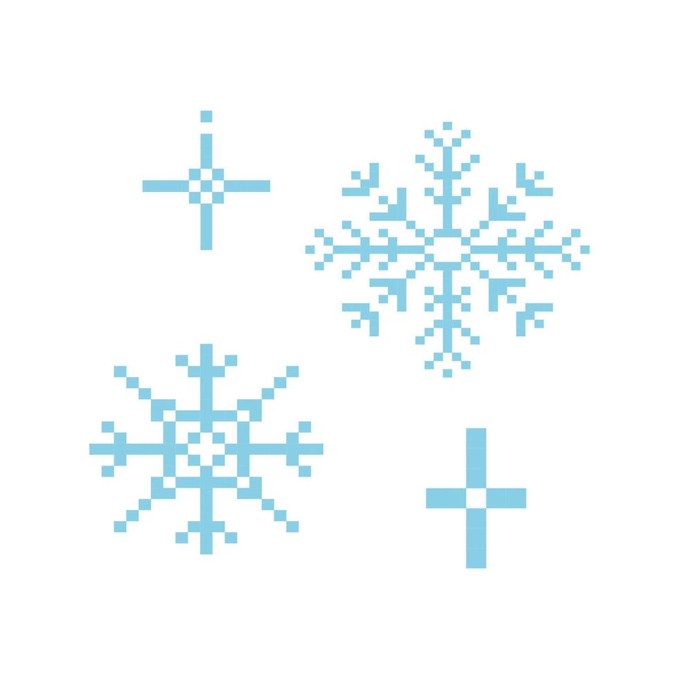Pixel snowflake winter retro pixilated 8 bit game stamp. Y2k snow, minimal and. Holiday flake ornament. Simple crystal ornament vector