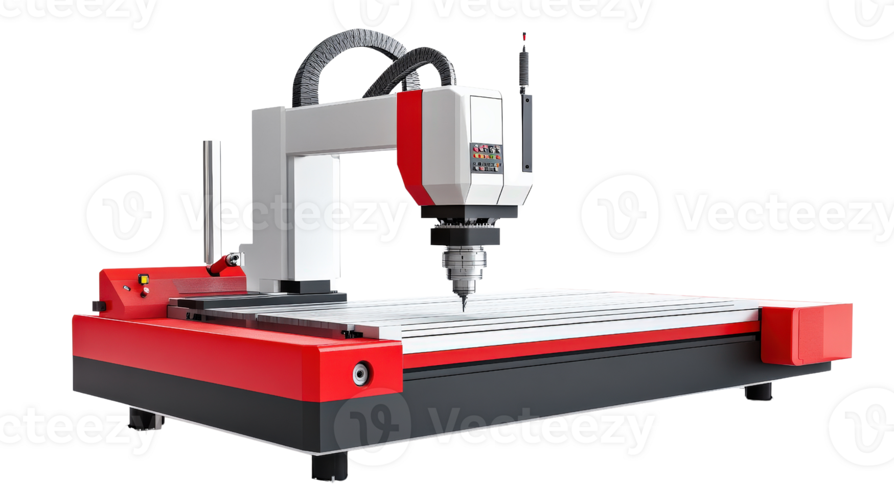 CNC milling machine with red and gray design, ideal for precision cutting and engraving. This advanced equipment is perfect for various materials and projects png