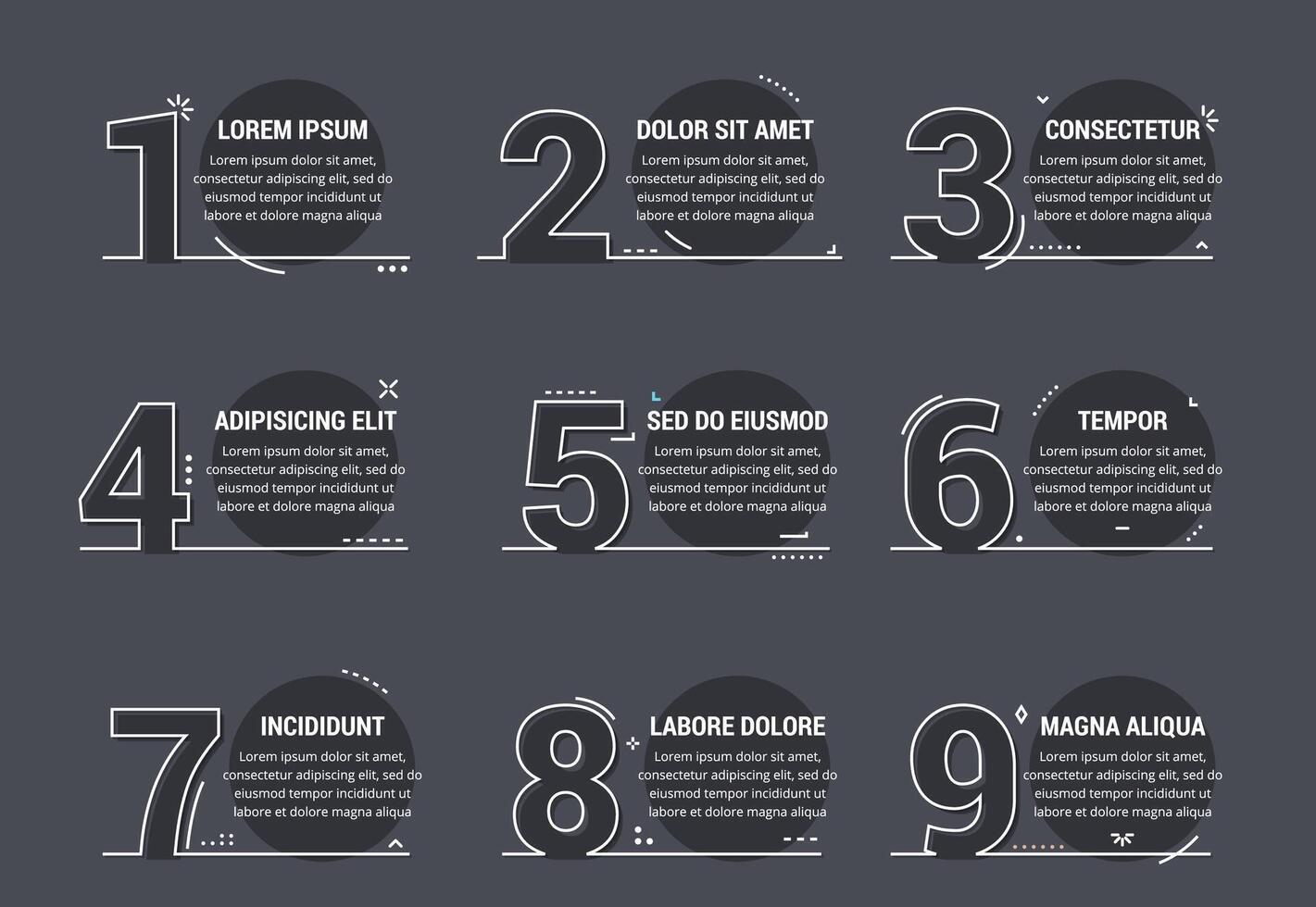 Set of line numbers with place for your text, can be used as steps, options, process design, workflow on dark background vector
