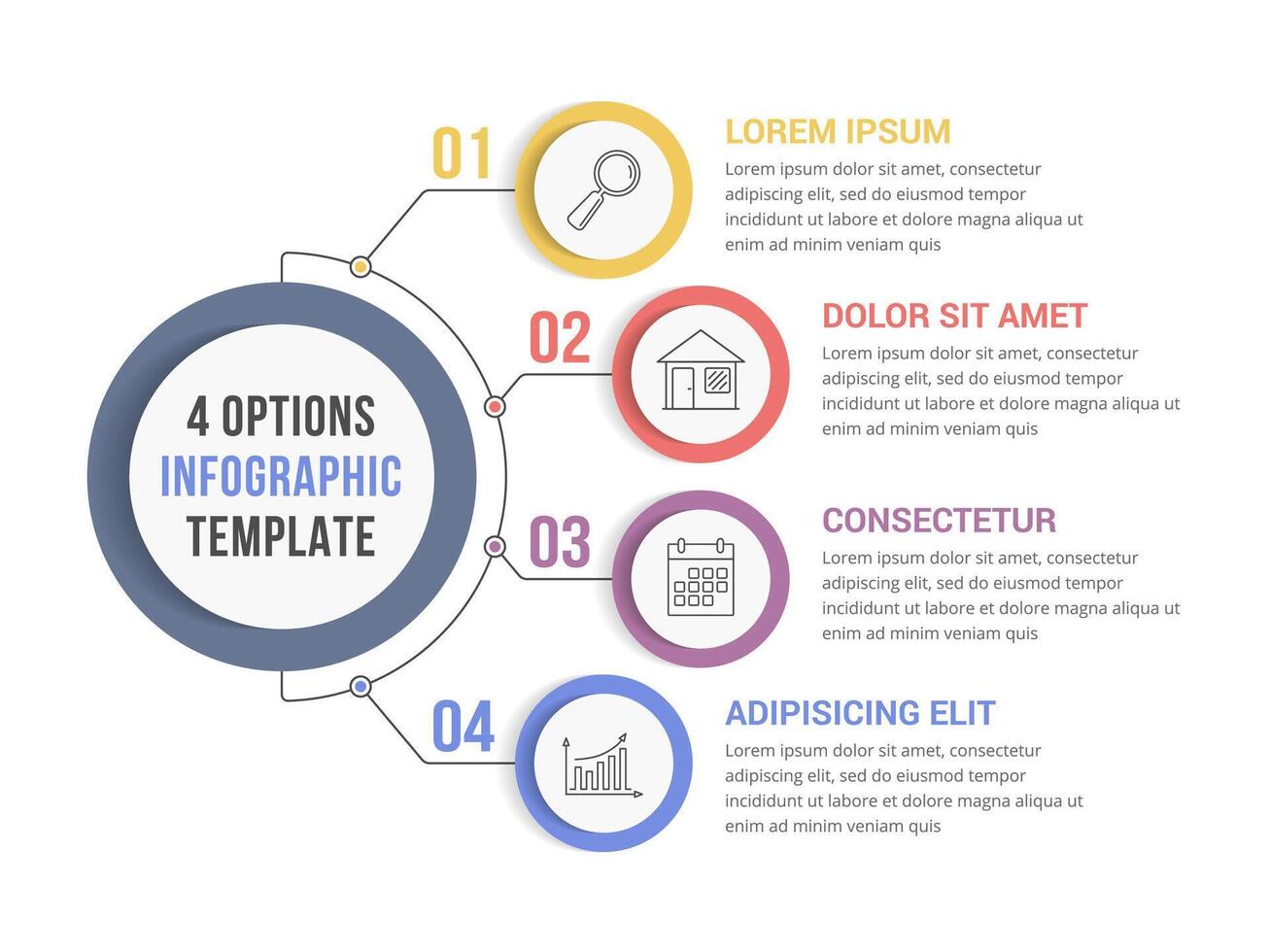 Circle infographic template with four numbered steps or options, workflow or process diagram vector
