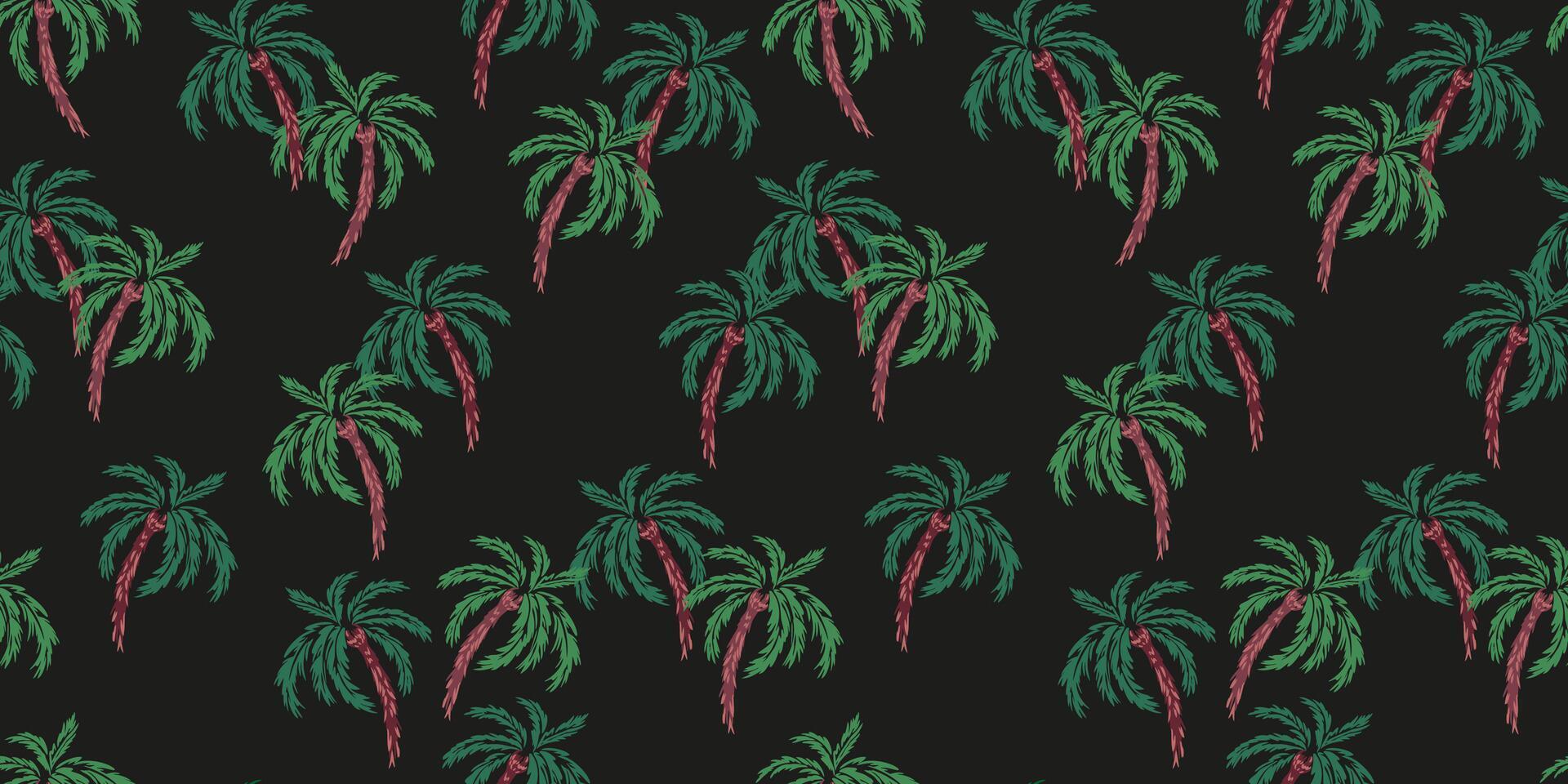 Seamless tropical palm tree pattern with a black background. The design features lush green palm leaves, creating a bold, exotic, and stylish look. Perfect for summer fashion, textiles vector