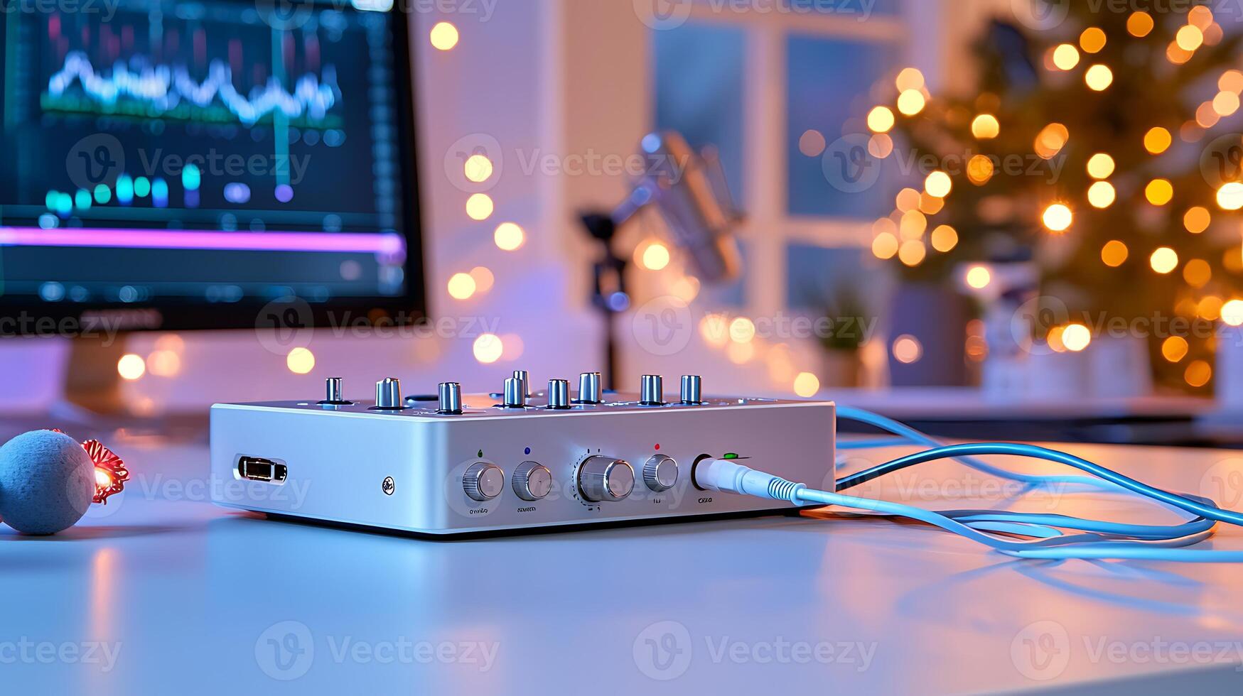Modern audio mixer on a desk with festive lights and a computer displaying sound waves photo