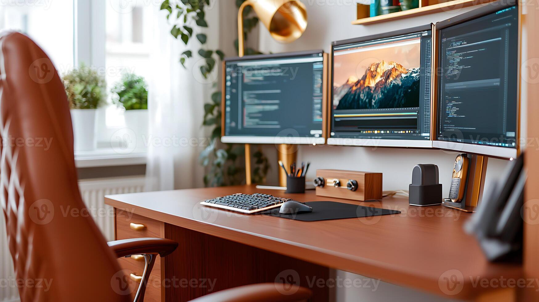 Modern home office setup with dual monitors displaying coding and a scenic mountain background photo