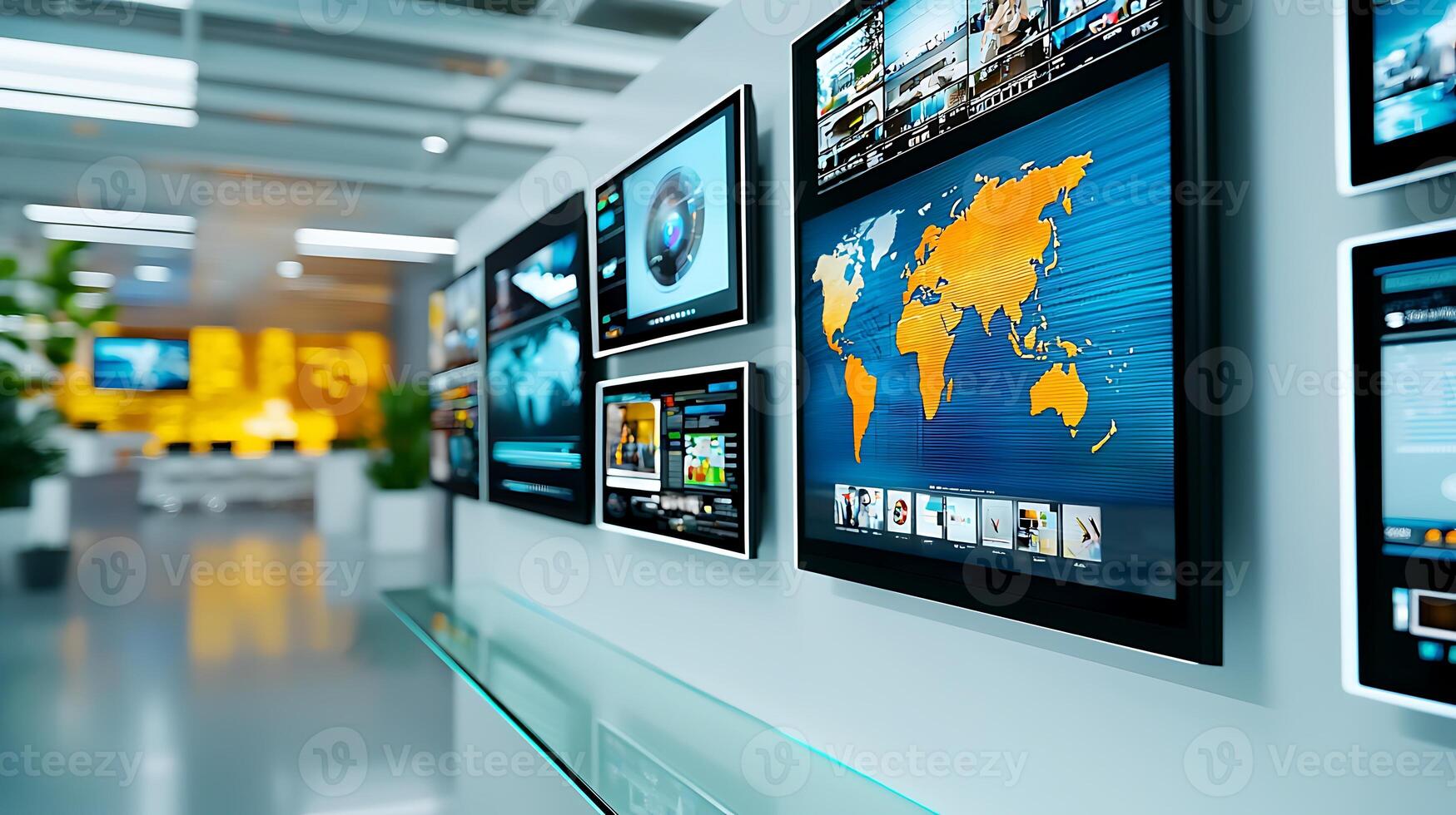 Modern office space featuring multiple digital screens displaying global maps and data visuals photo