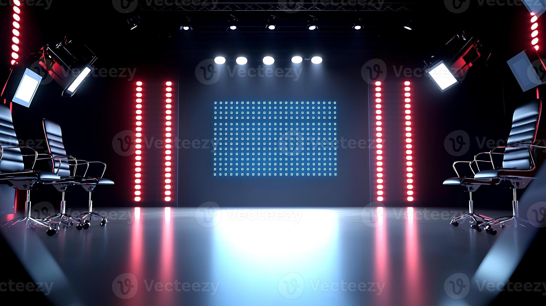 Modern studio setup with illuminated backdrop and empty chairs, ready for a presentation or performance photo