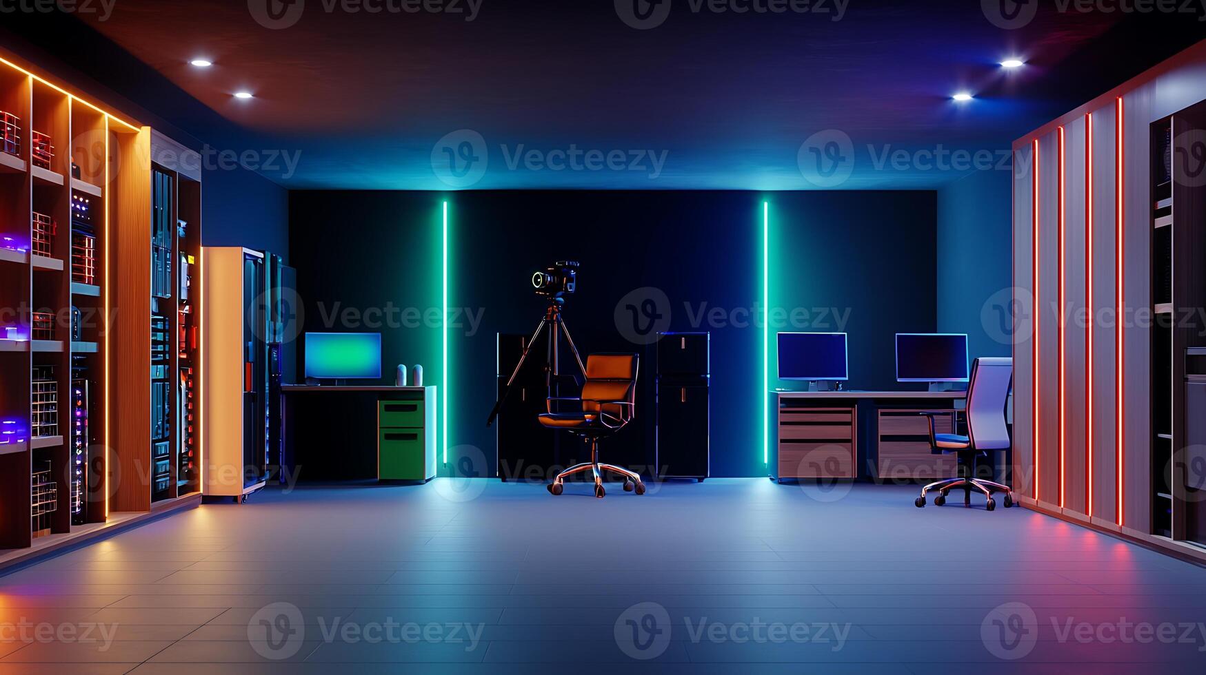 Modern tech workspace with colorful lighting, featuring computers and a camera setup photo