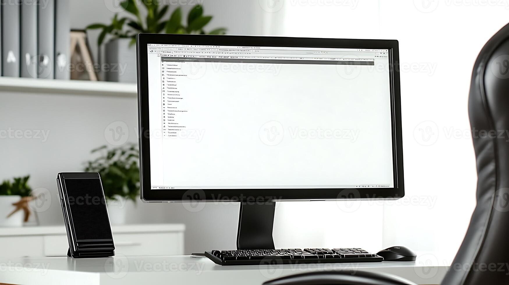 Modern workspace featuring a computer monitor displaying a document, with a sleek chair and plant in background photo
