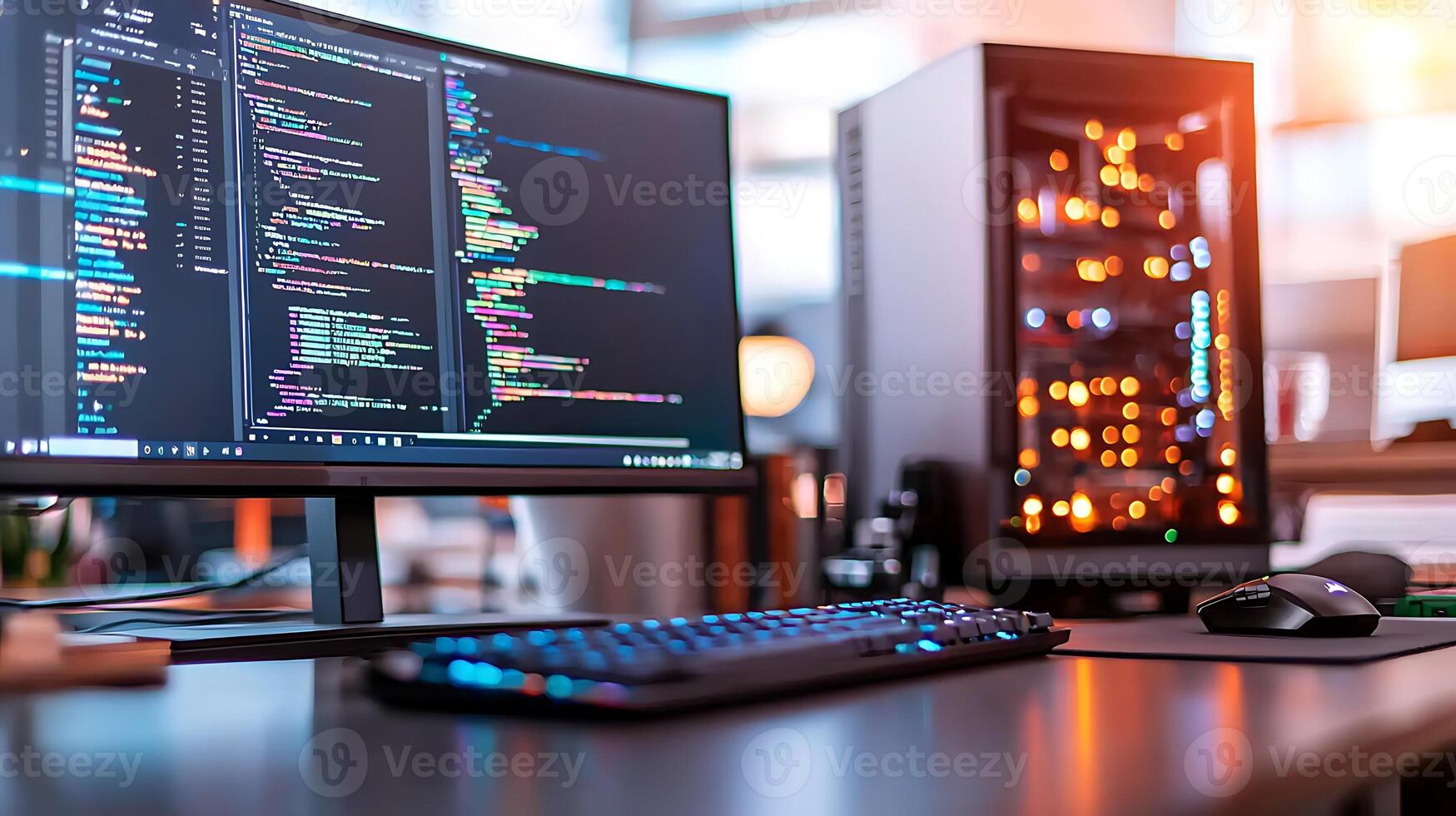 Modern workspace featuring a computer setup with coding on screen and illuminated server photo