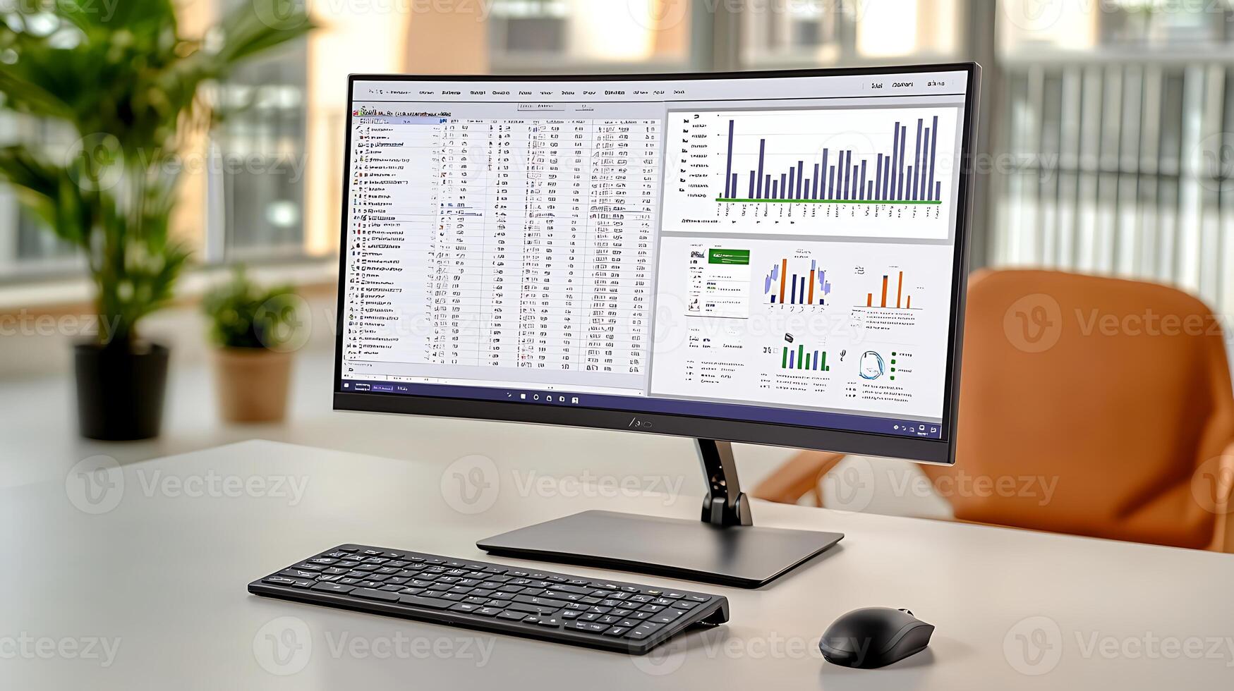 Modern workspace featuring a curved monitor displaying data analytics with graphs and charts photo