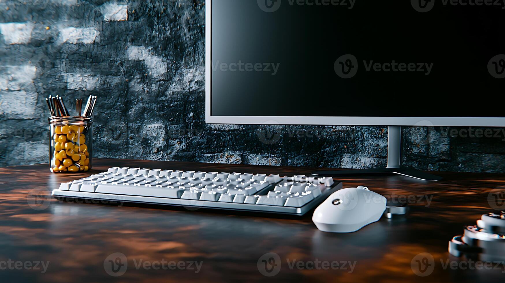 Modern workspace featuring a sleek computer setup with a keyboard and mouse on a stylish desk photo