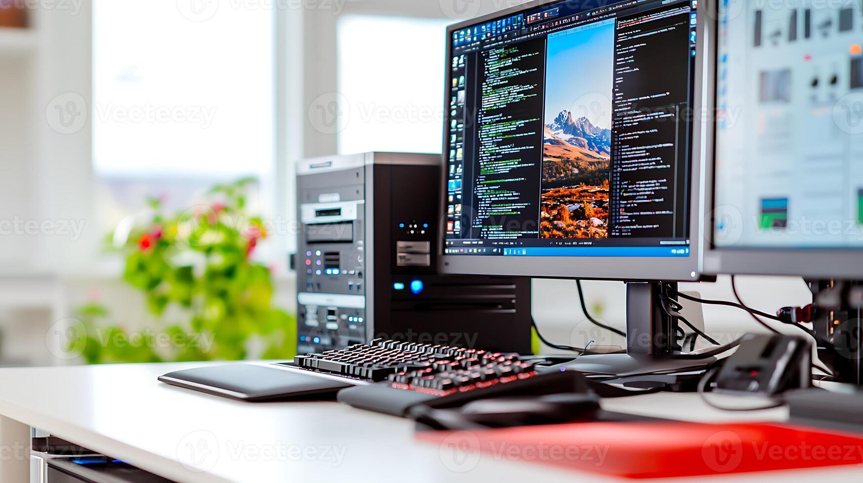 Modern workspace featuring dual monitors displaying coding and scenic images with plants in the background photo
