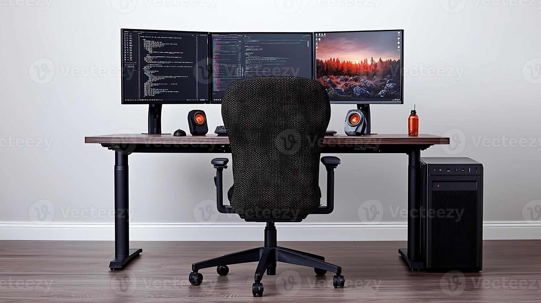 Modern workspace featuring dual monitors, ergonomic chair, and coding interface in a minimalist setting photo