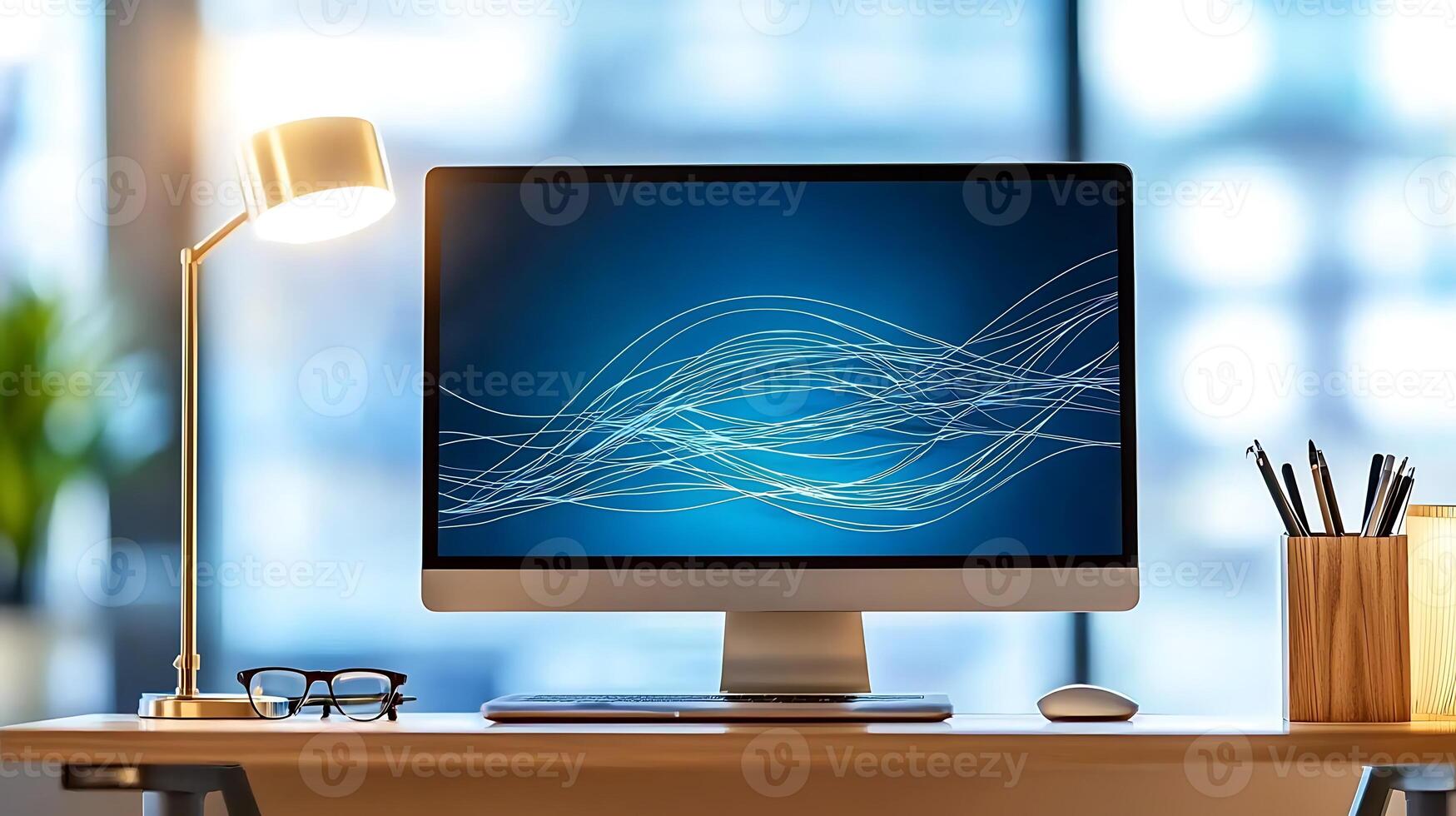 Modern workspace with a computer displaying abstract waves, illuminated by a desk lamp photo
