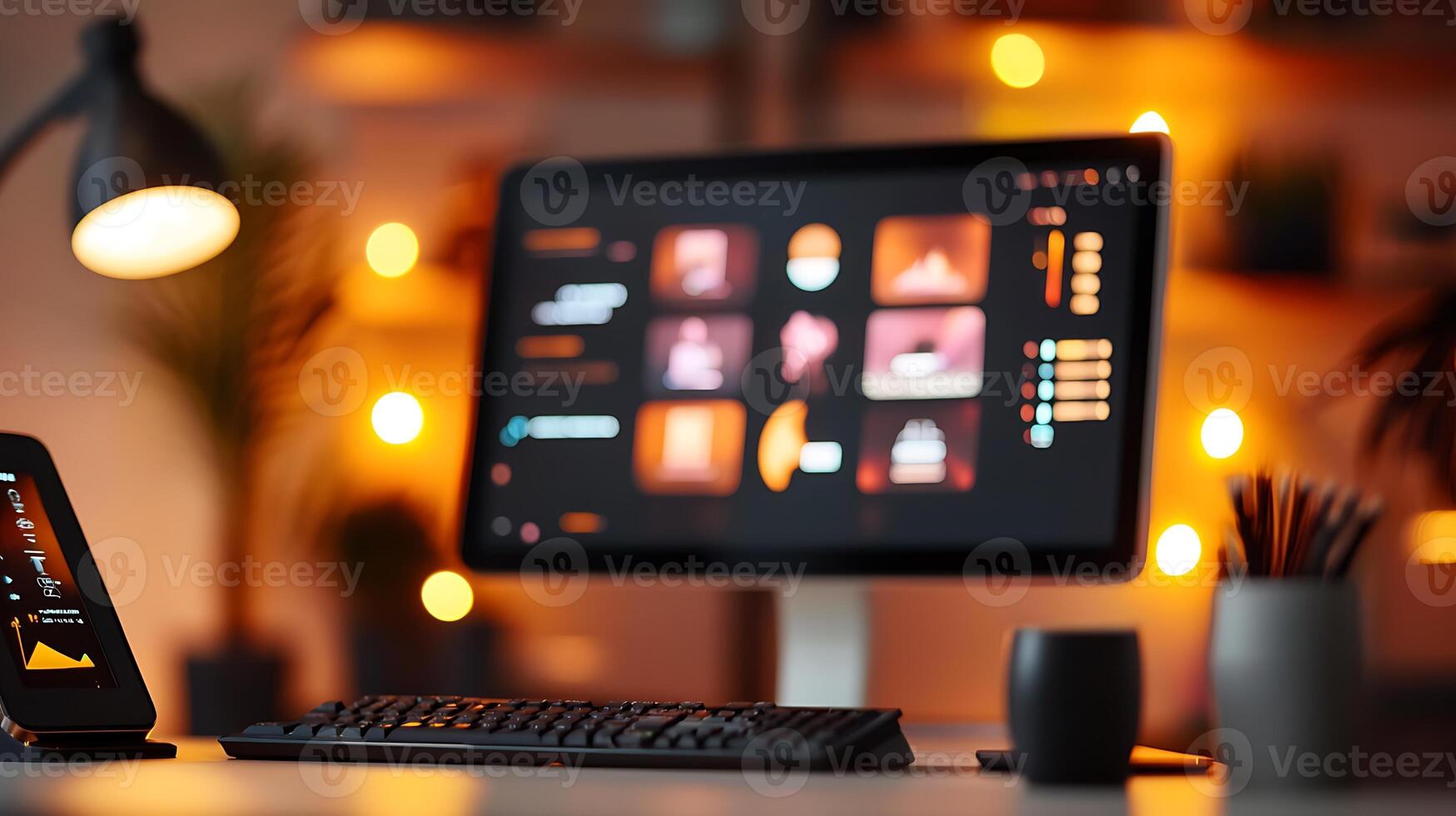 Modern workspace with computer displaying vibrant graphics, soft lighting, and plants photo