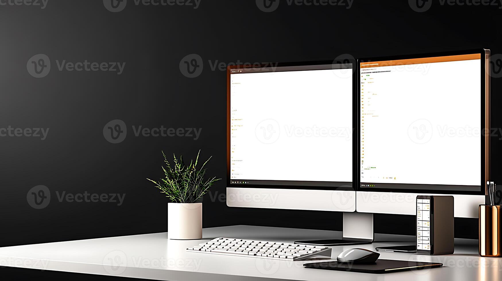 Modern workspace with dual monitors displaying code, plant, and minimalistic decor in background photo