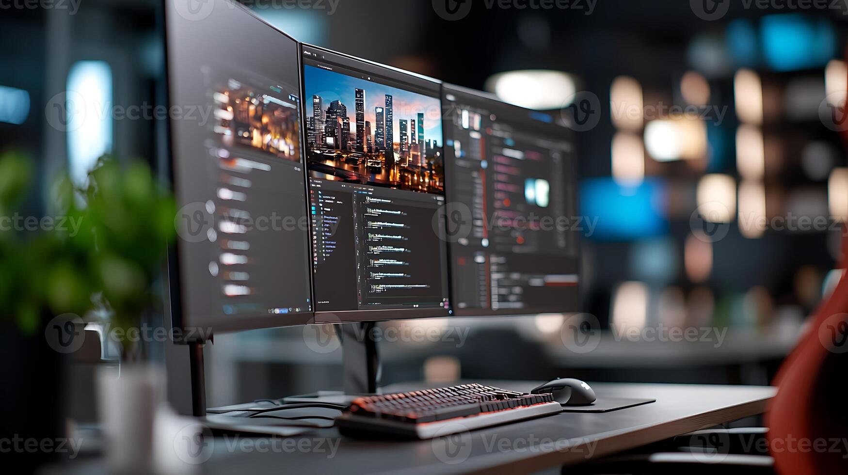 Modern workspace with dual monitors displaying city skyline and coding interface at night photo