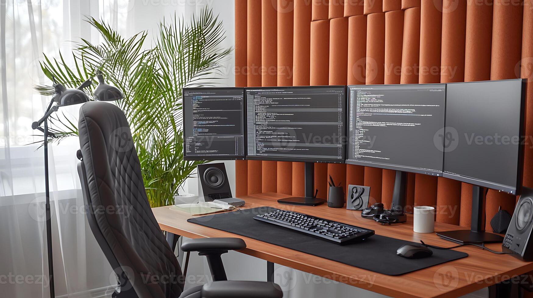 Modern workspace with three monitors displaying code, a comfortable chair, and greenery photo