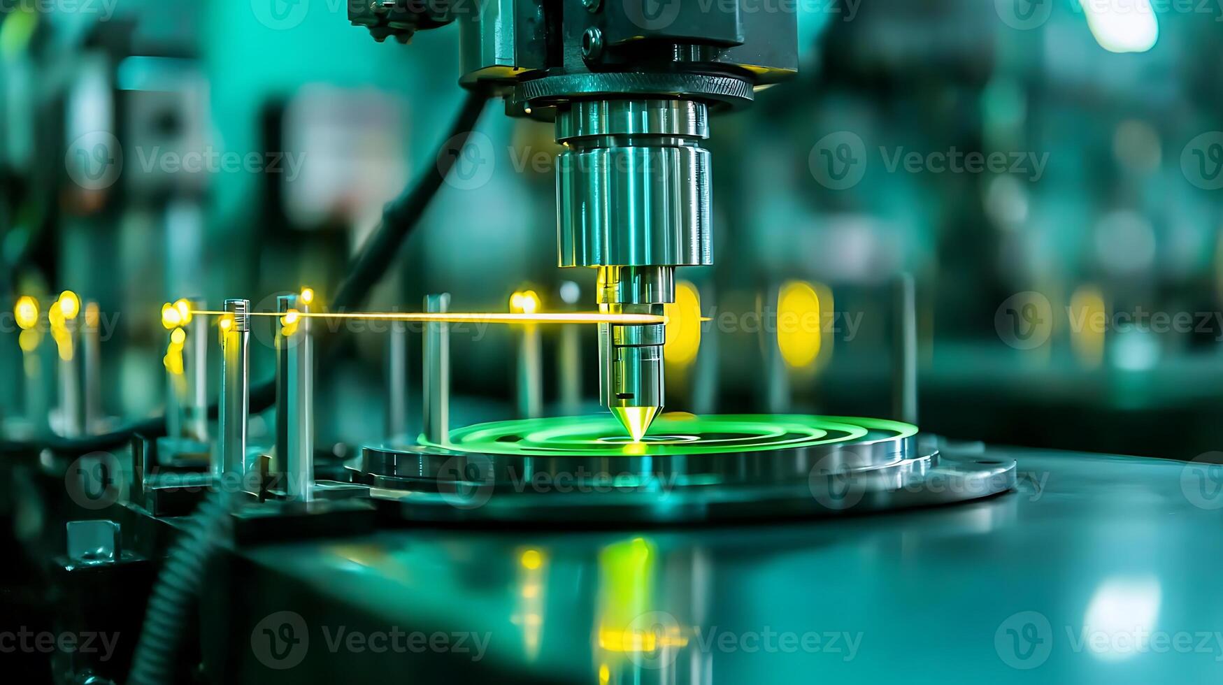 Precision laser cutting machine in action, creating intricate designs in a factory setting photo