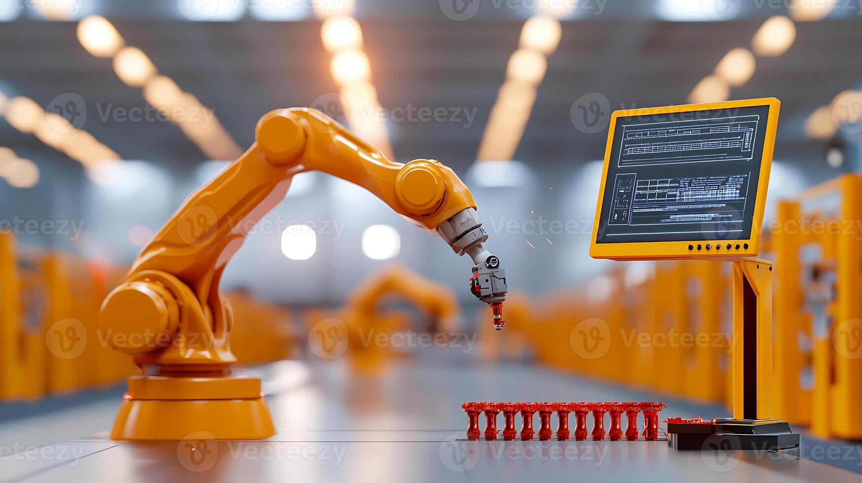 Robotic arm assembling components in a modern factory with screens and machinery in background photo