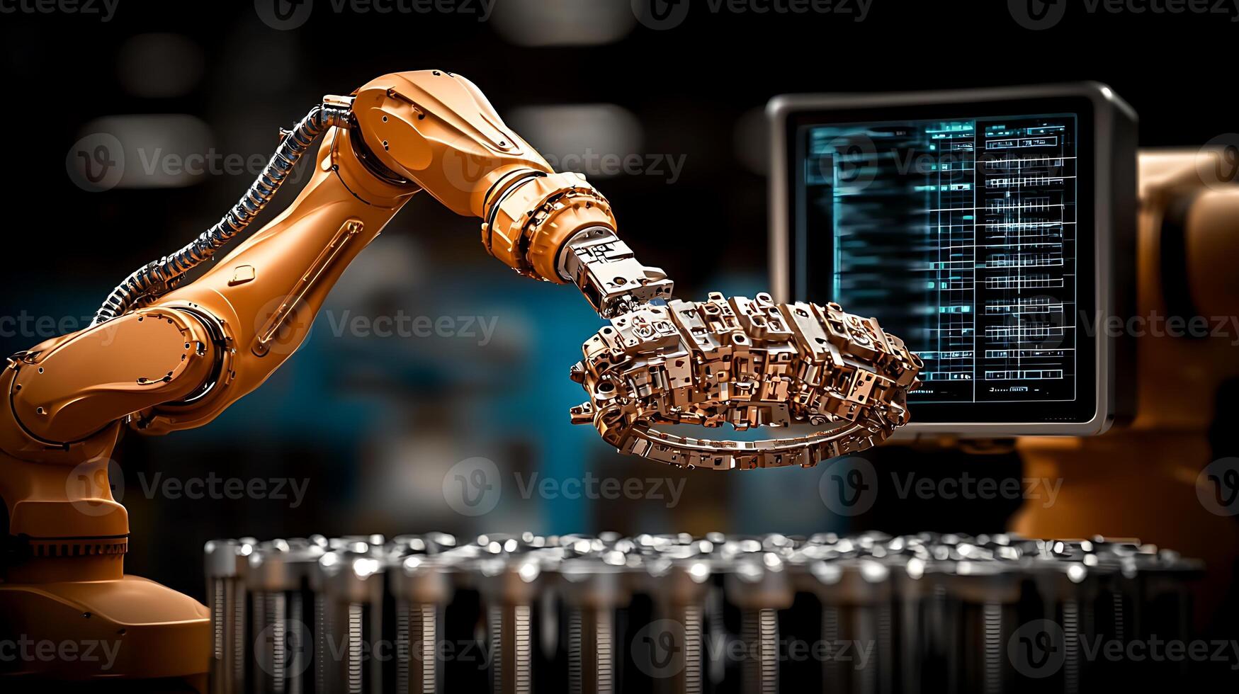 Robotic arm operating in a high-tech factory, assembling components with precision and efficiency photo