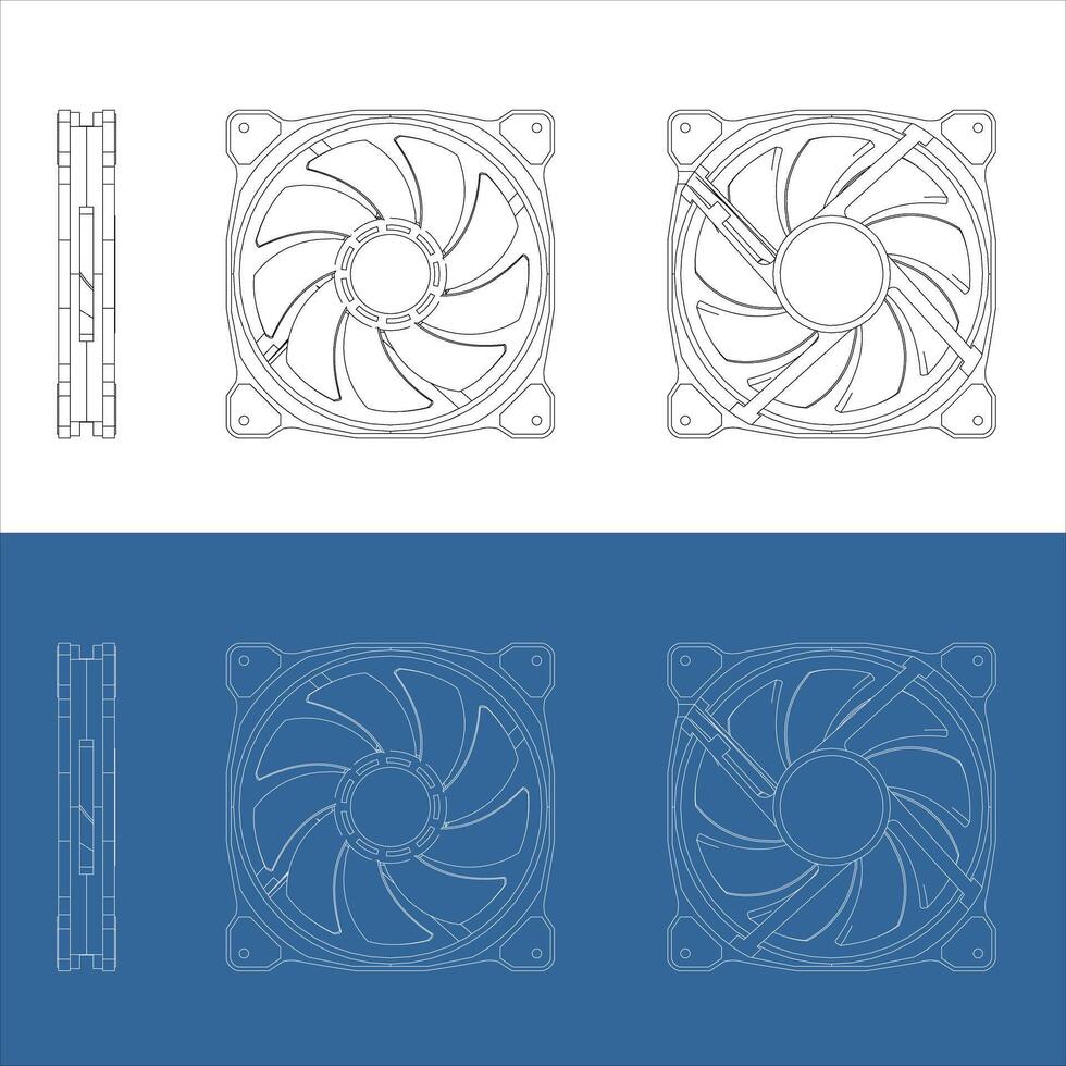 Computer Fan Technical Drawing - Front, Side, and Back View vector