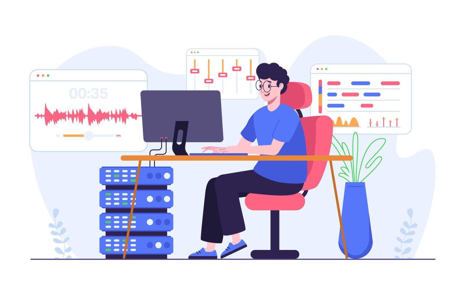 hombre edición podcast audio utilizando computadora vector