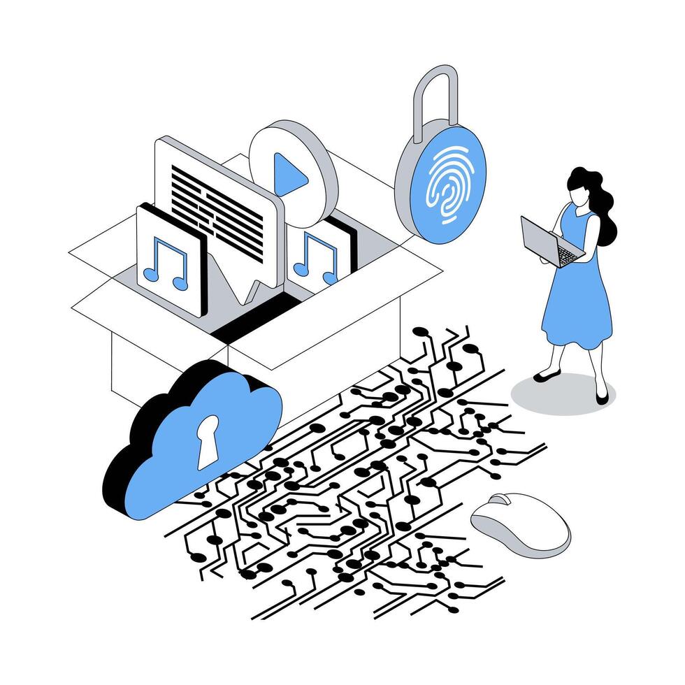 Cyber security 3d isometric concept with isometry people design for web. Woman protecting from hacker attacks digital files and documents and using fingerprint scan verification. illustration vector