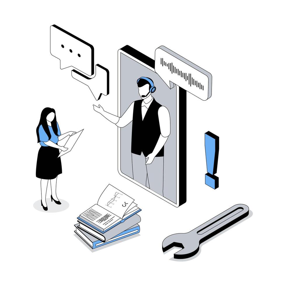Customer support 3d isometric concept with isometry people design for web. Operator in headset consulting client by in mobile app, solving technical problems, find solution. illustration vector