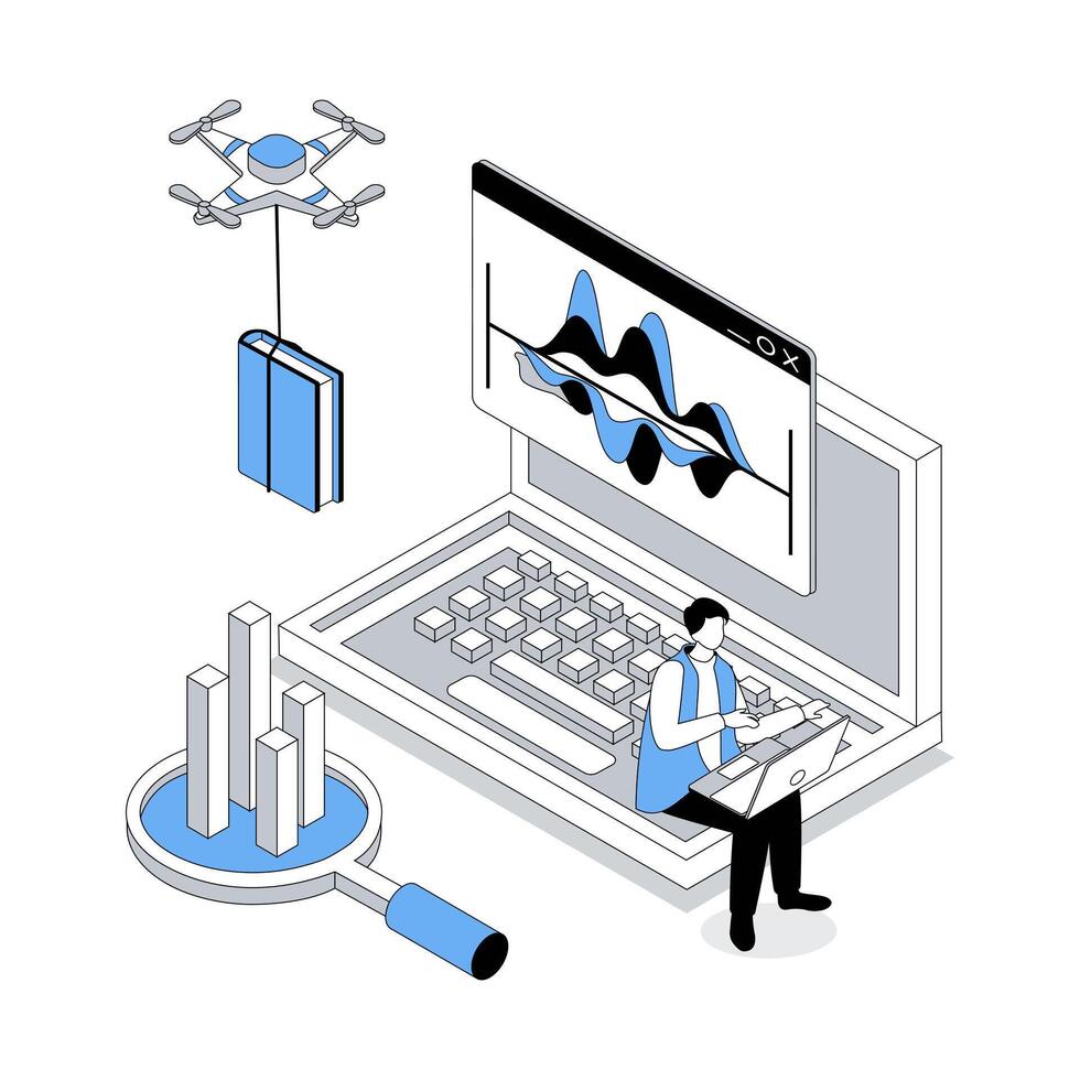 Data analysis 3d isometric concept with isometry people design for web. Man calculating charts at laptop, working with graphs, researching trends and managing financial solution. illustration vector