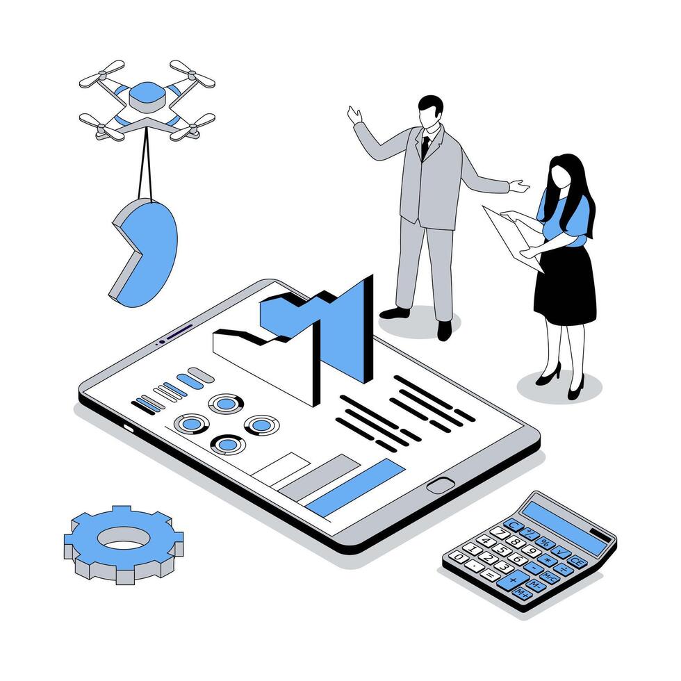 Data analysis 3d isometric concept with isometry people design for web. Business team researching and processing charts and graphs, calculating profit and making improvements. illustration vector