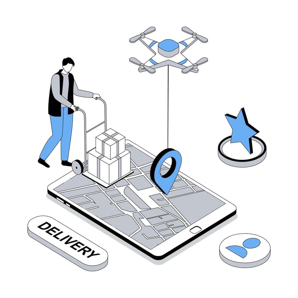 Delivery service 3d isometric concept with isometry people design for web. Courier loading parcel boxes, client ordering fast shipping with online tracking in mobile application. illustration vector