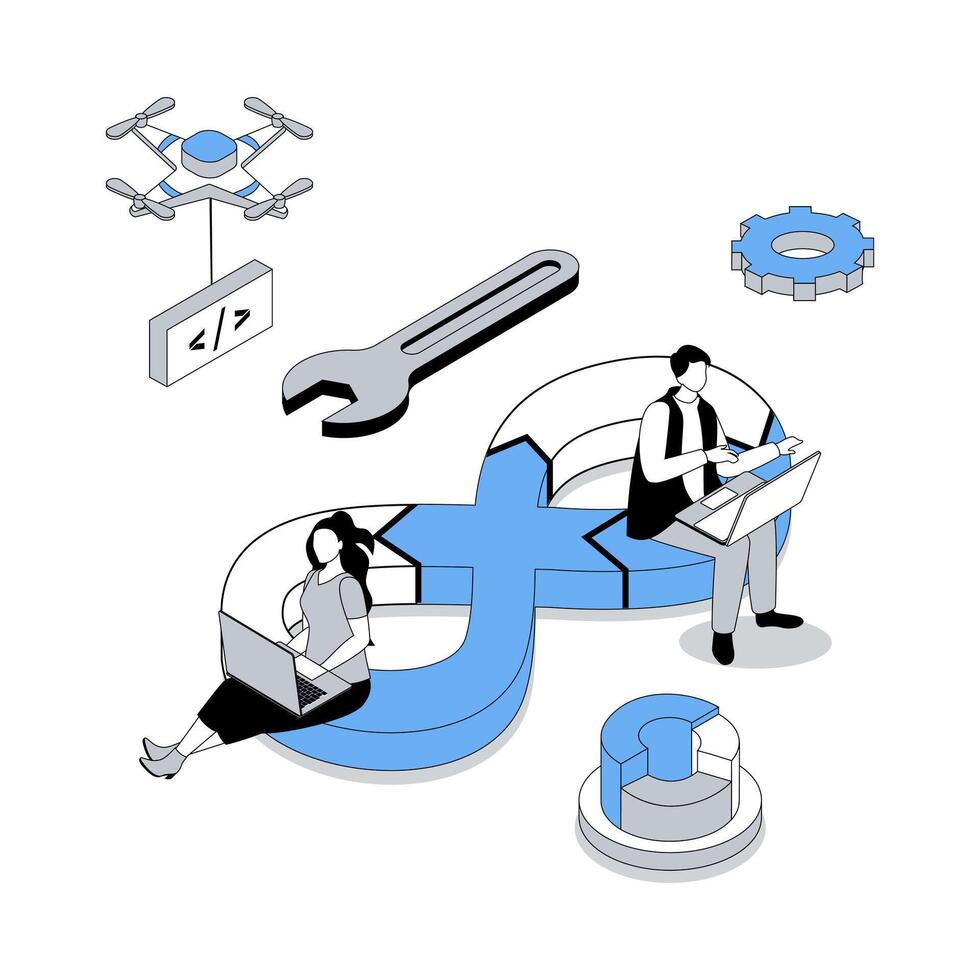DevOps 3d isometric concept with isometry people design for web. Team programming software with agile coding operation practice, infrastructure maintenance, project communication. illustration vector