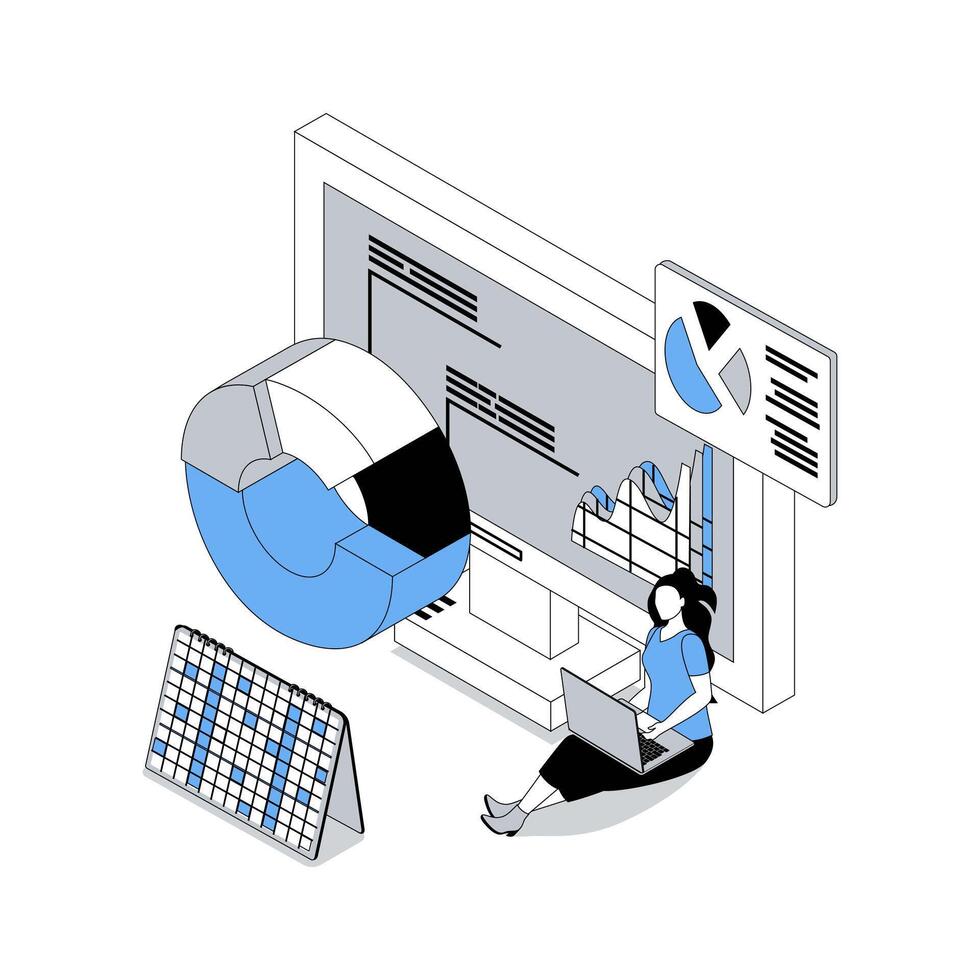 Data analysis 3d isometric concept with isometry people design for web. Woman working with analytics diagram, researching and processing trends, managing investment solutions. illustration vector