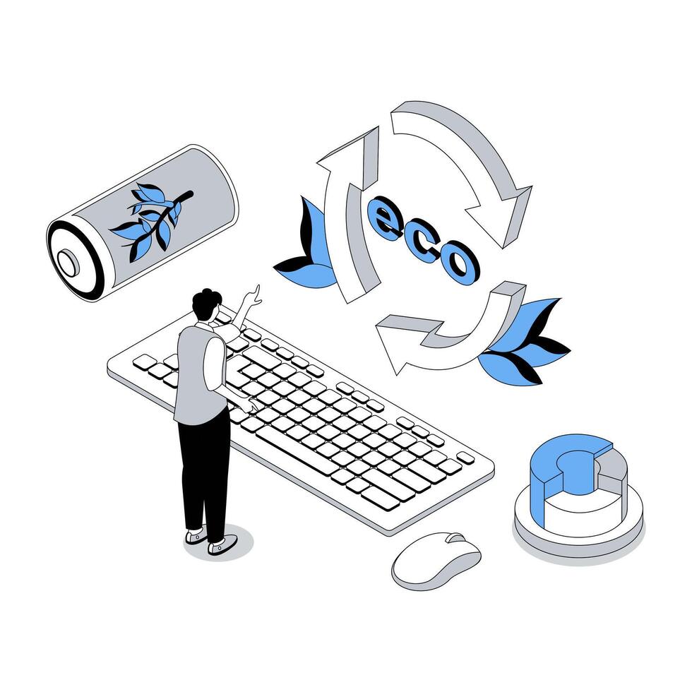 Ecology 3d isometric concept with isometry people design for web. Man using green clean electricity and alternative power resource, rechargeable battery and renewable resource. illustration vector