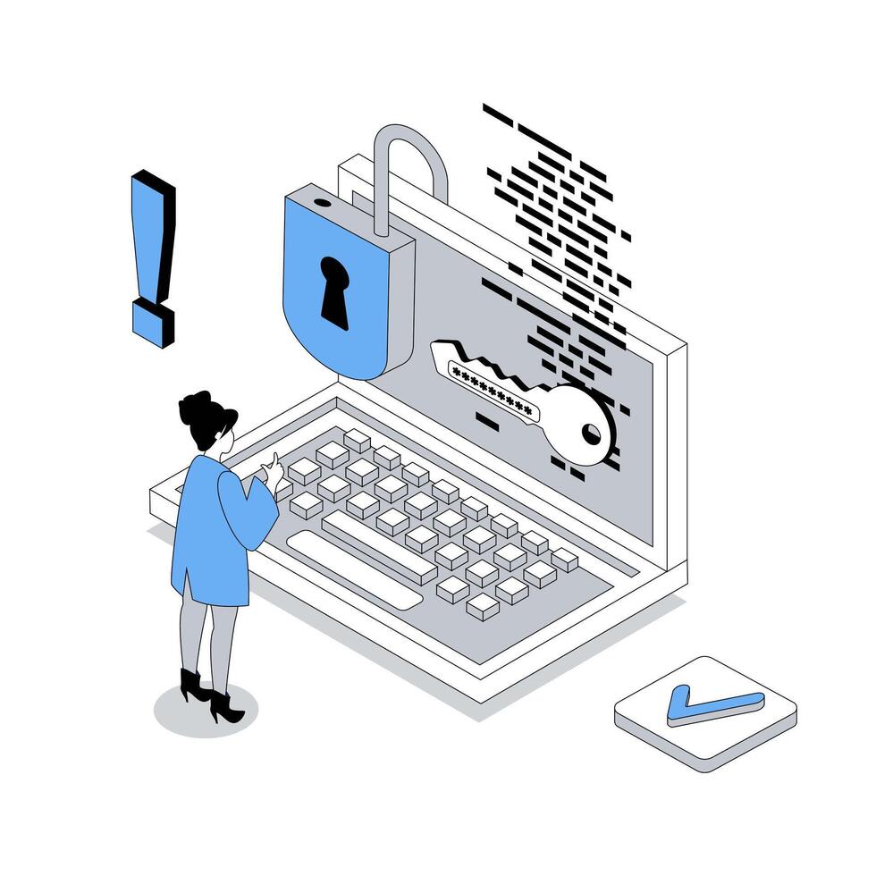 Cyber security 3d isometric concept with isometry people design for web. Woman using password lock access and biometric authentication like protection technology on computer. illustration vector